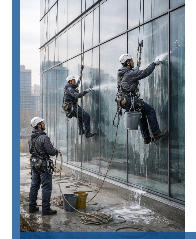 Промышленная мойка панорамных окон на высоте в Волгодонске