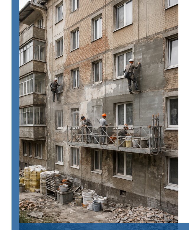 Капитальный ремонт фасада в Волгодонске с восстановлением и гидроизоляцией