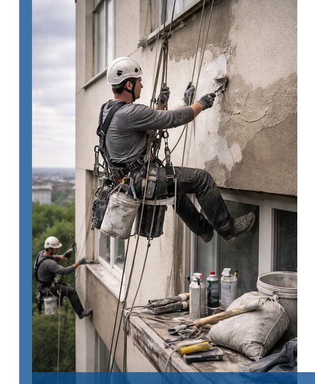 Косметический ремонт фасада зданий в Волгодонске промышленными альпинистами