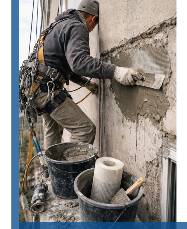 Ремонт бетонных элементов фасада промышленными альпинистами в Волгодонске