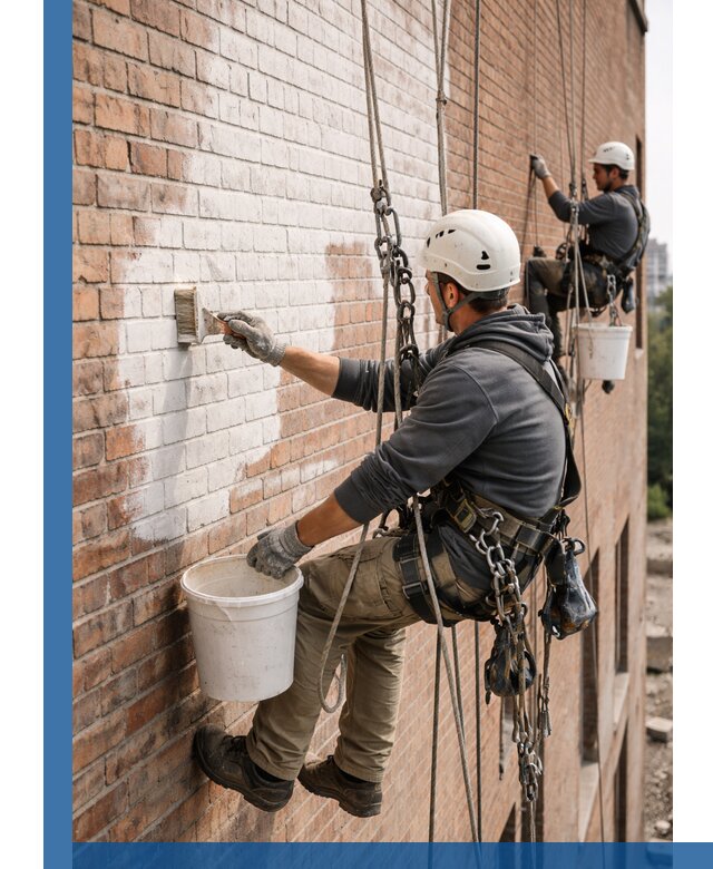 Покраска кирпичного фасада с доступным альпинистским сервисом в Волгодонске