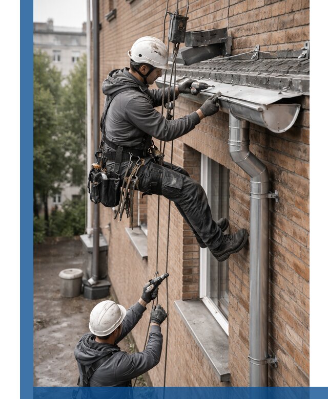 Монтаж водосточной системы на здании в Волгодонске под ключ