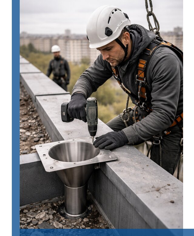 Монтаж водосточных воронок в Волгодонске для промышленных зданий