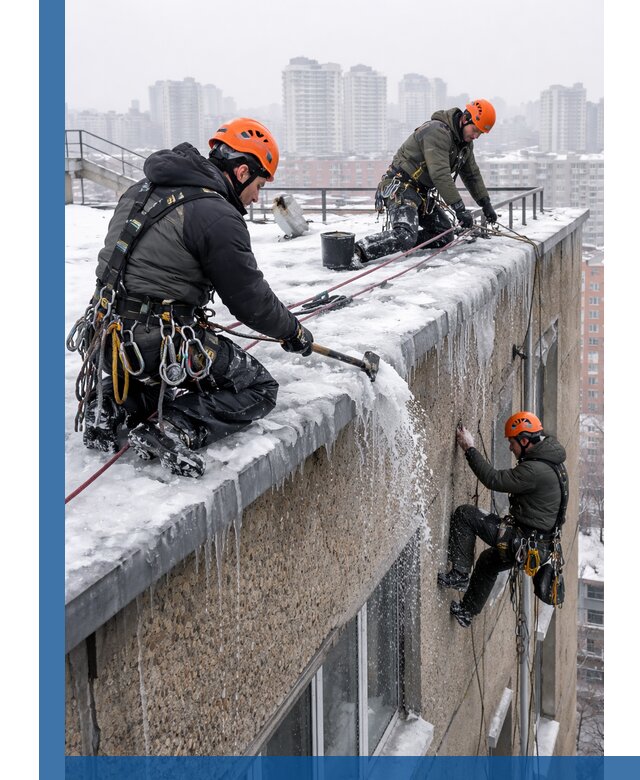 Удаление наледи с кровли в Волгодонске промышленными альпинистами