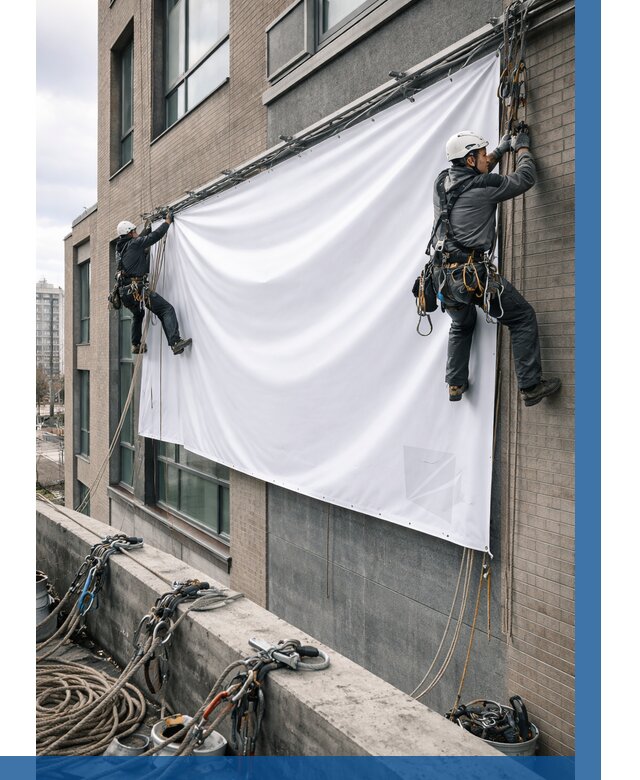 Монтаж баннеров на фасаде в Волгодонске от 711 р. заказать ВЫСОТНИК-Вгн