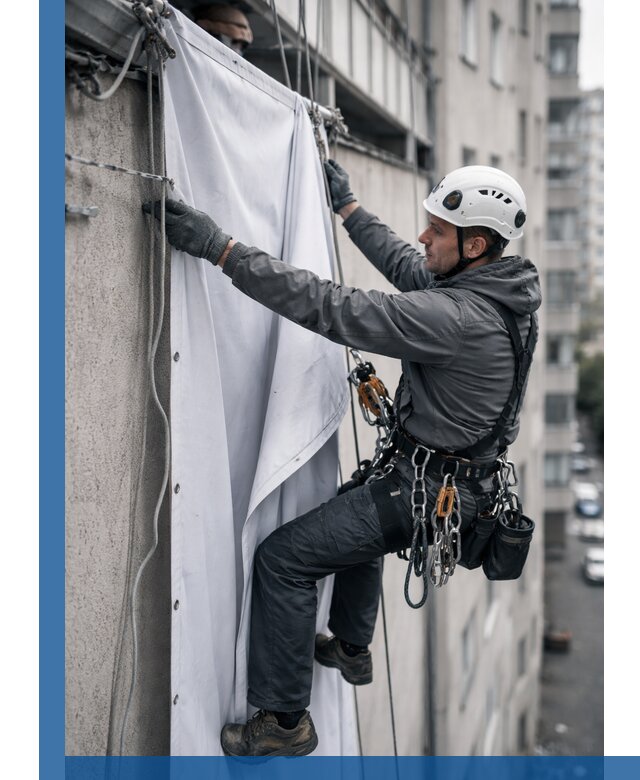 Замена баннерного полотна промышленными альпинистами в Волгодонске