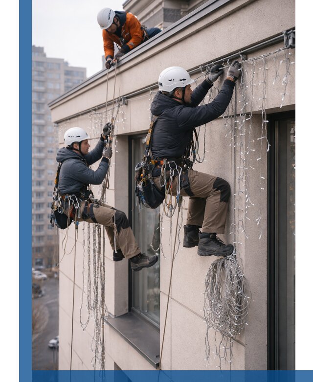 Монтаж праздничных гирлянд на фасаде в Волгодонске для зданий