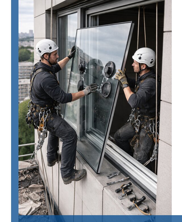 Замена стеклопакетов на высоте с промышленными альпинистами в Волгодонске