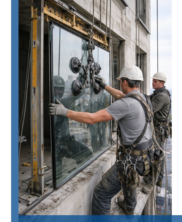 Монтаж стеклопакетов на высоте в Волгодонске с промышленным альпинизмом