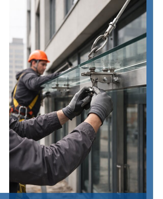 Монтаж стеклянных козырьков в Волгодонске от 9302 р. | ВЫСОТНИК-Вгн