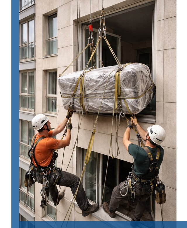 Подъем грузов через окно в Волгодонске промышленными альпинистами