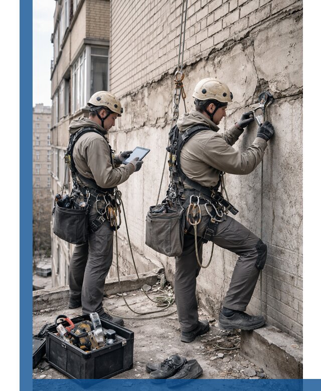 Обследование фасада промышленными альпинистами в Волгодонске